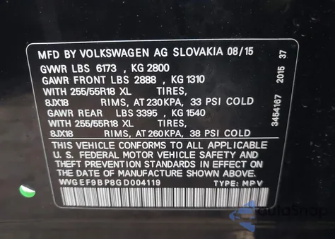 2016 Volkswagen Touareg Vr6 Sport из США, поврежденный, VIN WVGEF9BP8GD004119